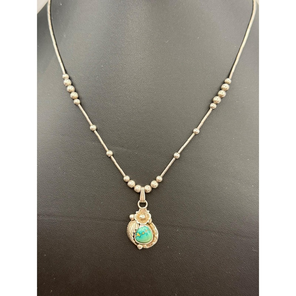 AVG Turquoise Liquid 925 Sterling‎ Silver Pendant Necklace Southwestern Leaf